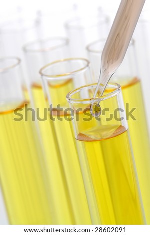 Laboratory pipette with drop of brown liquid over glass test tubes filled with yellow chemical solution for an experiment in a science research lab