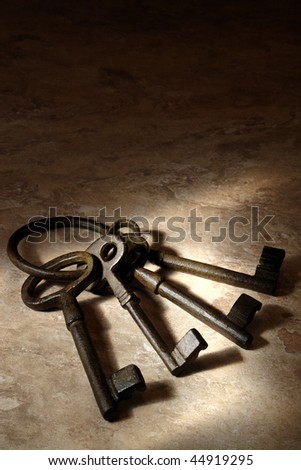Old jail or fortress skeleton keys on a metal ring