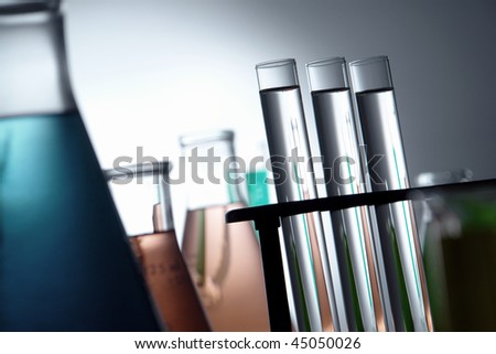 Laboratory glass test tubes filled with clear liquid on a rack for an experiment in a science research lab