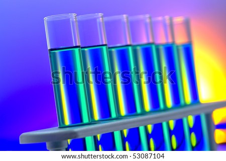 laboratory glass test tubes filled with liquid on a rack for an experiment in a science research lab