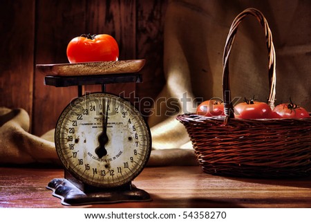 Classic heirloom tomato on a vintage scale in an antique general store