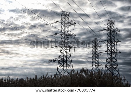 High voltage electric transmission power lines on pylon towers above a reeds marsh over dramatic storm clouds sky