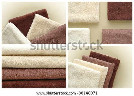 Soft and fluffy cotton hotel quality bath towels in light beige to dark brown fashion colors over soft leather surface montage collection