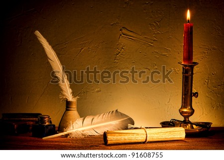 Antique parchment paper sheets roll tied with string lit by candlelight on a vintage colonial wood desk with ink writing feather quill and old candle light in candleholder in master painting style