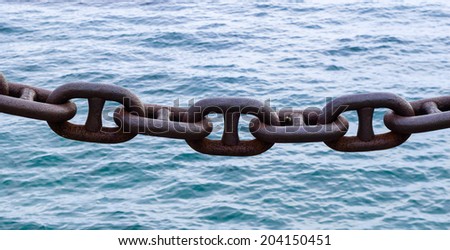 Large steel brown rusted chain links against water.