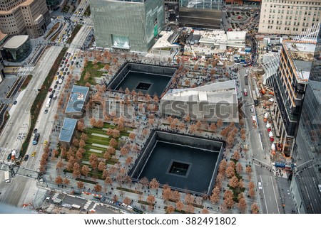 9/11 Memorial park, aerial view in Manhattan New York City