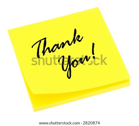 Yellow thank you note isolated on white.