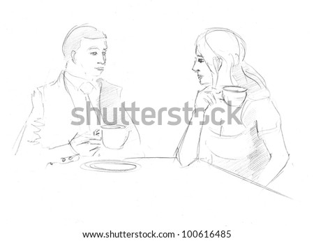 pencil drawing of a young pretty woman talking with a young man in the cafe