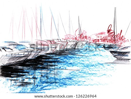 Pencil drawing of boats and yachts in the bay against fishing village