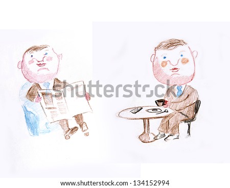 Hand drawing cartoon of two  men reading a paper and drinking a cup of coffee