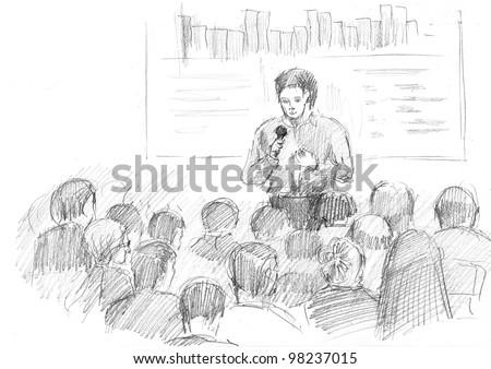 pencil drawing of a young manager making a presentation in a big auditorium