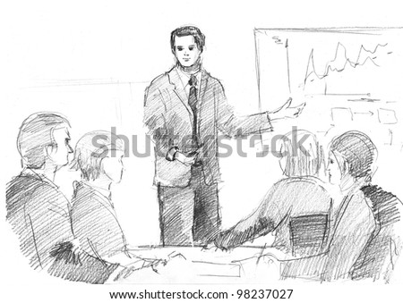 pencil drawing of a young manager making a presentation