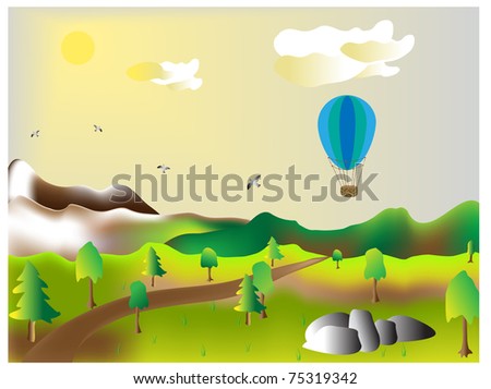 Landscape with mountains, valley and balloon