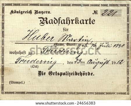 Germany, Kingdom Bavaria, bicycle identification card, issued at 23. 08. 1912 in Trudering