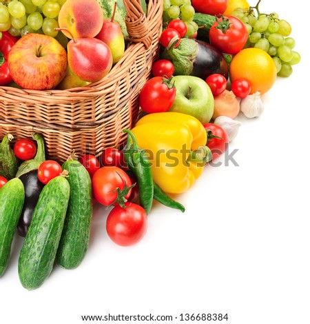 fruit and vegetable in basket isolated on white background