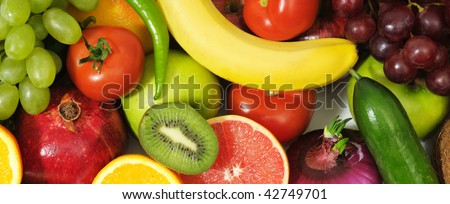 fresh fruits and vegetables isolated on a white