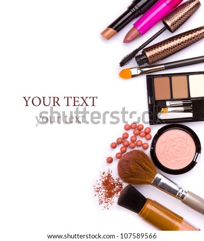 Cosmetics on Makeup Brush And Cosmetics  On A White Background Isolated  With