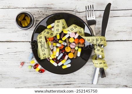 pills on a plate with a measuring tape