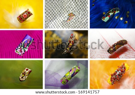 Variants of design of the artificial nails as designs with rhinestones,beads