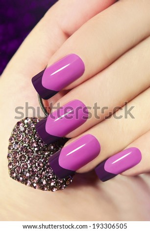 Two-tone French manicure pink and purple with decoration in the form of heart