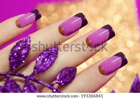 Two-tone French manicure pink and purple colors for brilliant background with decorative sheet