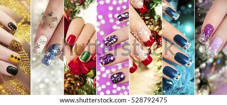 Colorful Christmas nails winter nail designs with glitter,rhinestones, on short and long female nails.