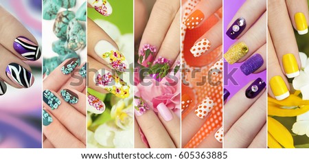 Collection of trendy colorful various manicure with design on nails with glitter,rhinestones,real flowers,stickers,turquoise and yellow French manicure.