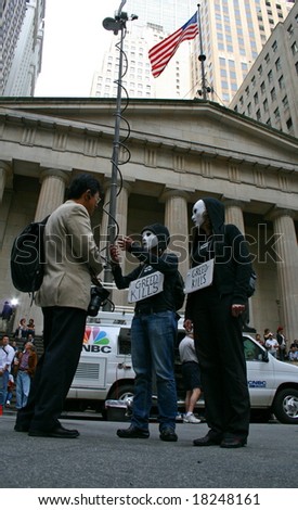 NEW YORK, NY -- SEPTEMBER 30, 2008: Demonstrators outside the New York Stock Exchange on September 30, 2008, the day after the record-breaking 777-point drop in the Dow