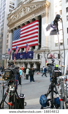 NEW YORK, NY -- SEPTEMBER 30, 2008: A Television Camera is Ready for Action Outside the New York Stock Exchange on September 30, 2008, the day after the record-breaking 777-point drop in the Dow
