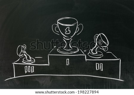 Award platform and award cup draw on blackboard with chalk