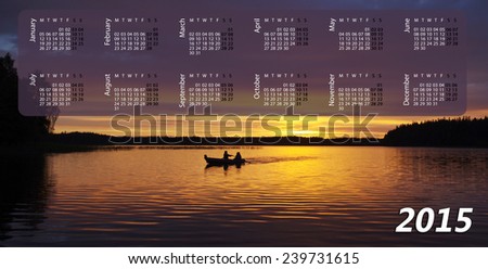 Calendar for 2015. A couple in a little boat during sunset at Lake Ilgis, Plateliai, Lithuania