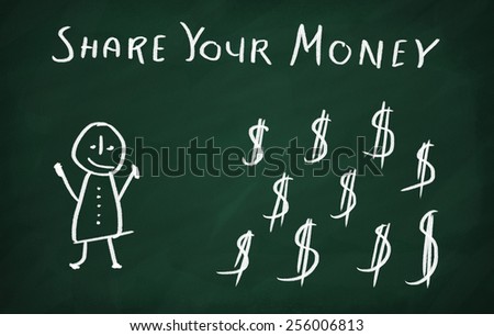 Characters drawn on the blackboard and writes share your money