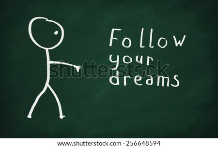 On the blackboard draw character and write Follow your dreams
