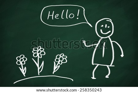 On the blackboard draw character and write Hello