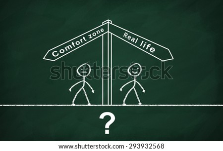 On the blackboard draw character and sign with text: Real life and Comfort zone