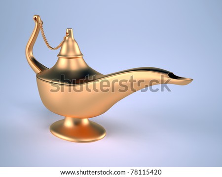 Golden magic Aladdin lamp on blue background - 3d render