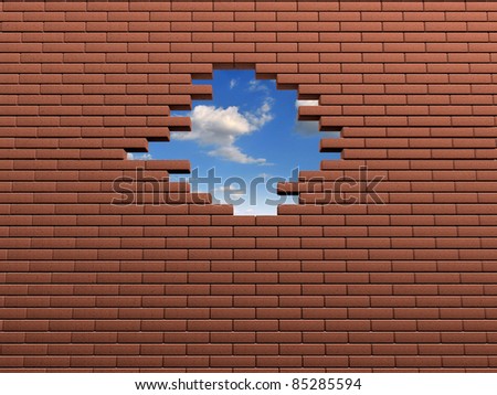 Hole in the wall of bricks. 3d render illustration