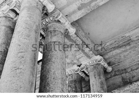 Columns. Architectural detail of building in Gatchina, Russia. Black and white.