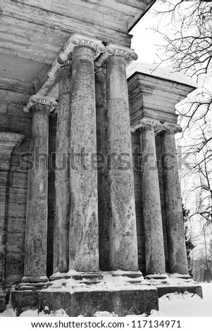 Columns. Architectural detail of building in Gatchina, Russia. Black and white.