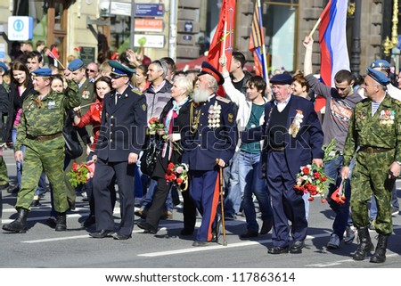 ST.PETERSBURG - MAY 9: Veterans of the Second World War on Victory parade on the Nevsky Prospect. Celebrating the anniversary of the victory in World War II on May 9, 2012 in St.Petersburg, Russia.