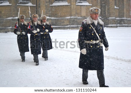 PRAGUE, CZECH REPUBLIC - FEB 23: Military Guard at Prage Castle on February 23, 2013, Prague, Czech Republic. Castle guard is directly subordinate to Military Office of the President of the Republic.