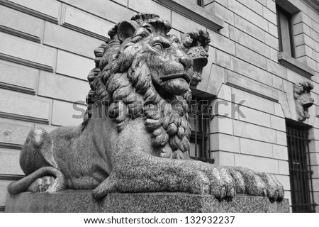 Lion statue in the center of Hamburg. Black and white.