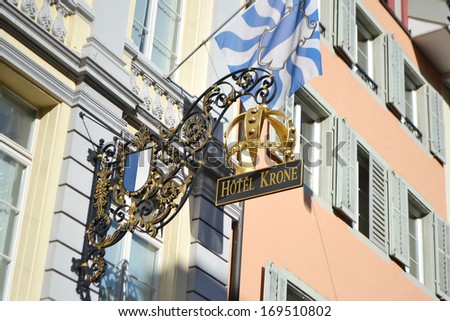 LUCERNE, SWITZERLAND - NOVEMBER 5, 2013: View of signboard hotel in Lucerne. City in the heart of the Swiss plateau, the capital of the eponymous German-speaking canton of Lucerne.