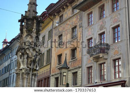 LUCERNE, SWITZERLAND - NOVEMBER 5, 2013: View of old building in center of Lucerne, Switzerland. City in the heart of the Swiss plateau, the capital of the eponymous German-speaking canton of Lucerne.