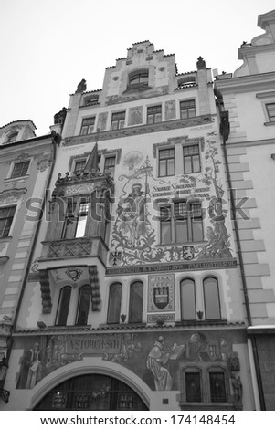 PRAGUE, CZECH REPUBLIC - FEBRUARY 24, 2013: Old building in center of Prague. Black and white. Prague - Czech capital. Population - 1.3 million people (2013). Located on the banks of the Vltava River.