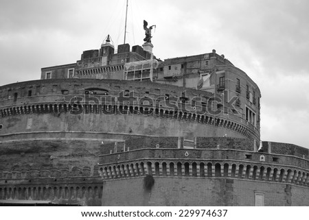 Saint Angel Castle in Rome, Italy. Black and white.
