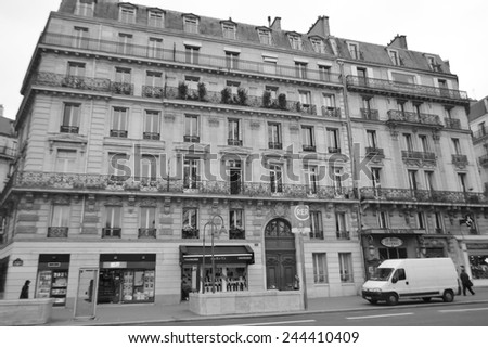 PARIS, FRANCE - JANUARY 7, 2013: Street in center of Paris. Black and white.