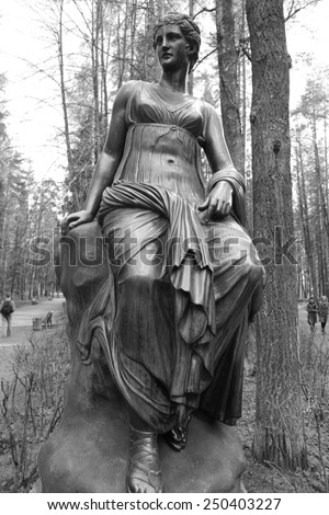 ST.PETERSBURG, RUSSIA - MAY 13, 2012: Statue of a woman in Pavlovsk park, suburb of St. Petersburg. Black and white.