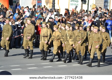 ST.PETERSBURG, RUSSIA: - MAY 9, 2015: Enactors in the form of the Second World War on Victory parade. The celebration of 70 anniversary of Victory in the Great Patriotic War.