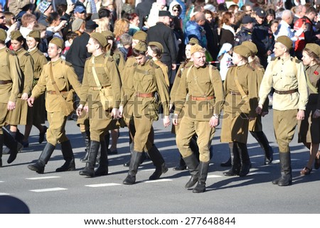 ST.PETERSBURG, RUSSIA: - MAY 9, 2015: Enactors in the form of the Second World War on Victory parade. The celebration of 70 anniversary of Victory in the Great Patriotic War.
